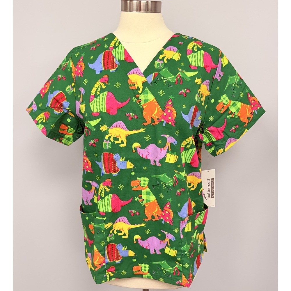NWT Buttersoft Dinosaur Christmas Scrub Top Plus 2X Green Holiday Cotton Scrubs